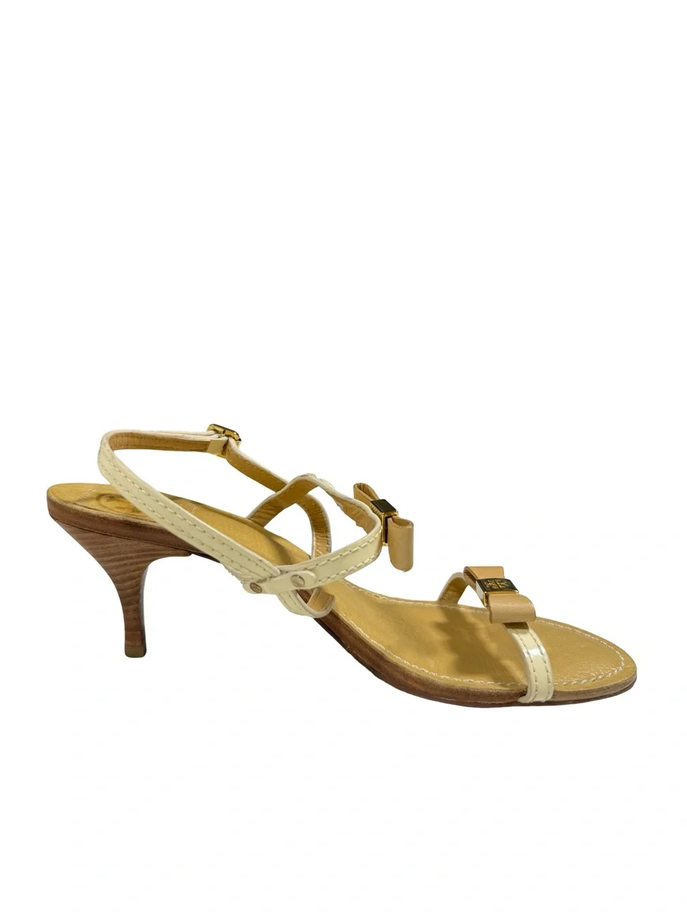 Tory Burch Kailey Patent Leather Bow Sandals Womens 8.5M Cream Tan Heels